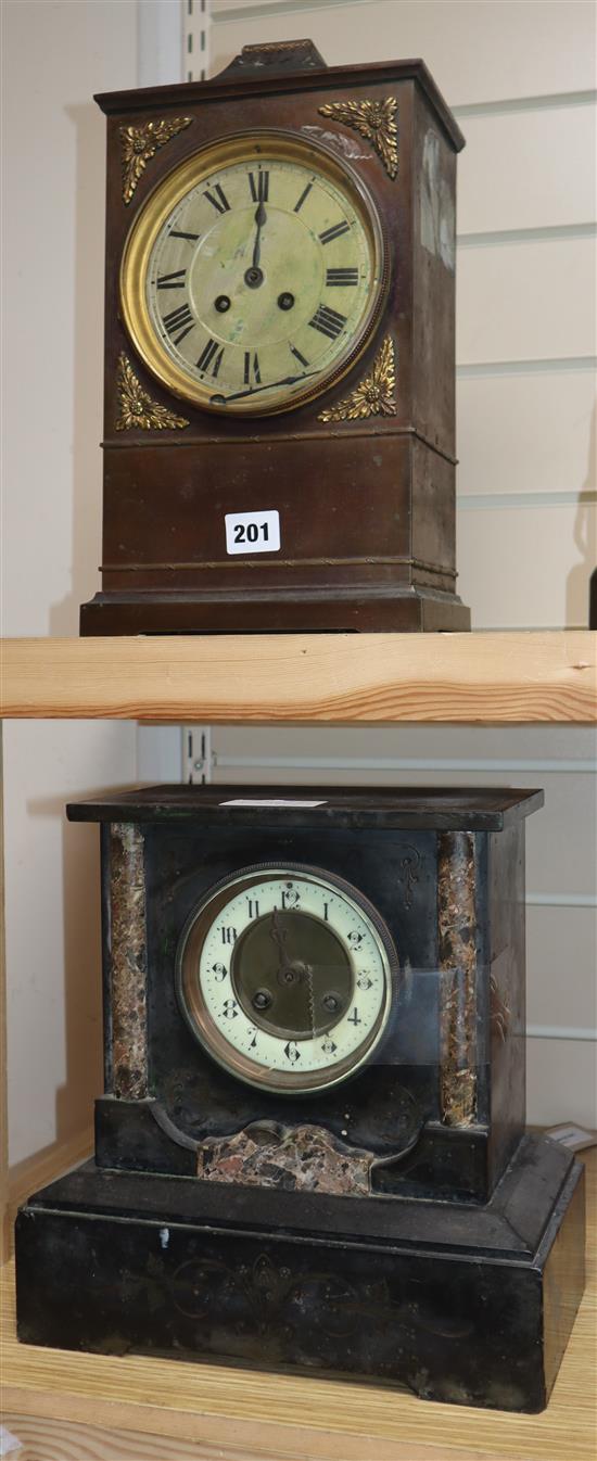 An early 20th century French copper cased mantel clock and a Victorian black slate mantel clock